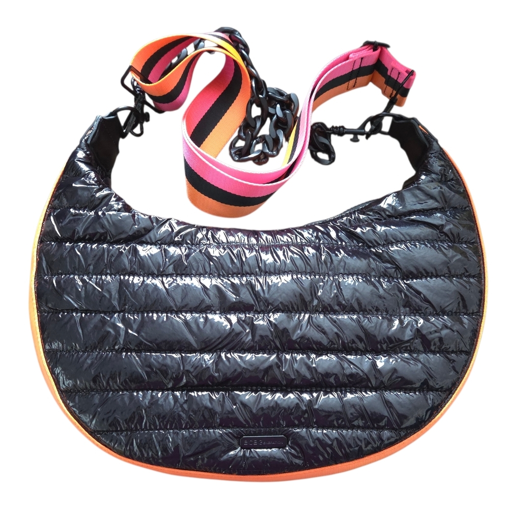 BCBGeneration Black Puffer Puffy Crossbody Bag Purse Orange & Pink Racer Stipes